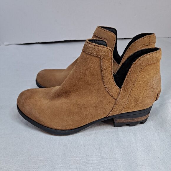 Sorel Lolla Women's Cut Out Booties Sz 6.5 Camel Brown Suede Slip On Ankle Boots - Picture 2 of 12